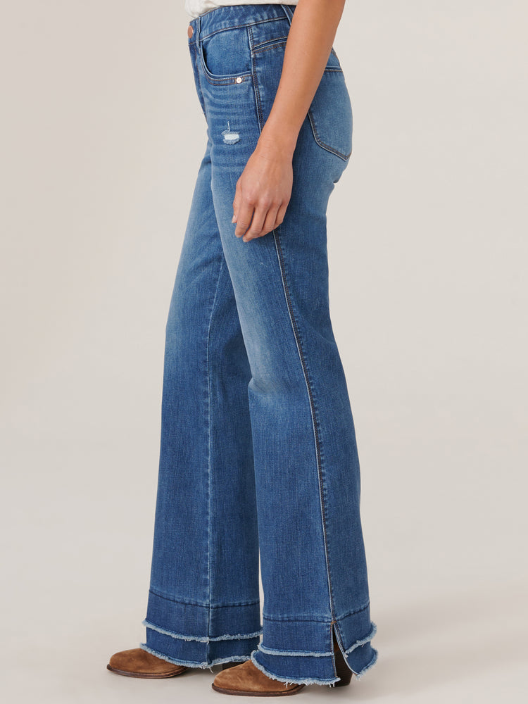 Blue Vintage Denim "Ab"solution High Rise Itty Bitty More Boot Double Layer Fray Hem Jeans