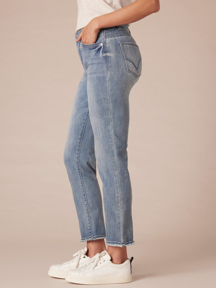 Mid Blue Denim Absolution High Rise Slim Straight Embroidered Cascading D Back Pocket Clean Finish Fray Hem Petite Jeans