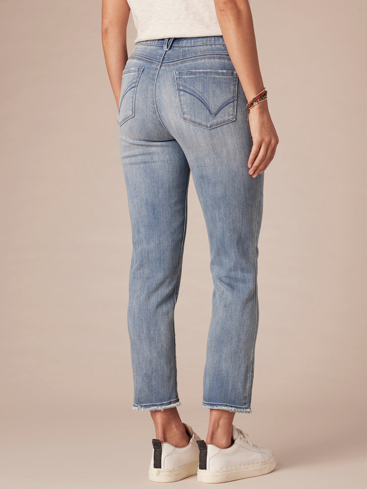 Mid Blue Denim Absolution High Rise Slim Straight Embroidered Cascading D Back Pocket Clean Finish Fray Hem Jeans