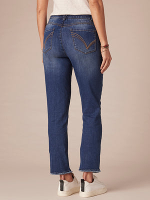 Blue Denim Absolution High Rise Slim Straight Embroidered Cascading D Back Pocket Clean Finish Fray Hem Jeans