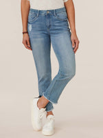 Luxe Touch Premium Stretch Light Blue Distressed Denim "Ab"solution High Rise Slim Straight Leg Jeans