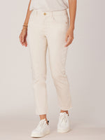 Blanched Almond Absolution High Rise Slim Straight Embroidered Cascading D Back Pocket Clean Finish Fray Hem Jeans