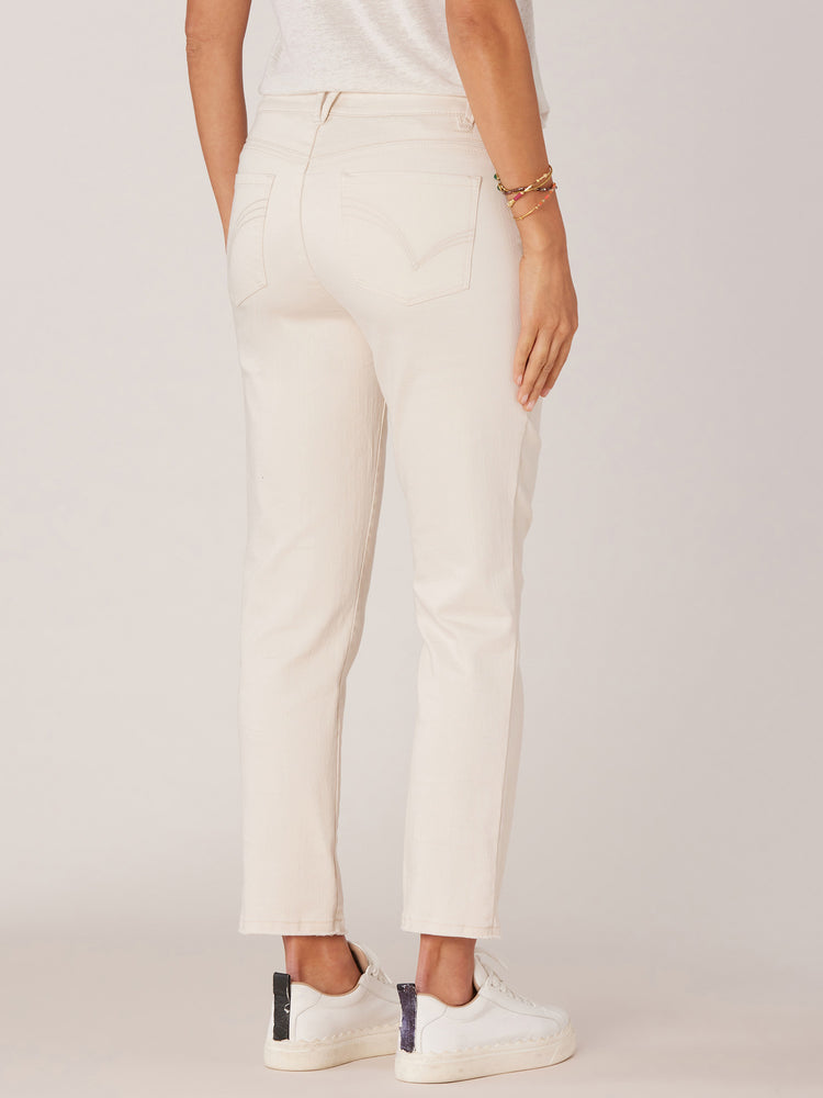 Blanched Almond Absolution High Rise Slim Straight Embroidered Cascading D Back Pocket Clean Finish Fray Hem Petite Jeans
