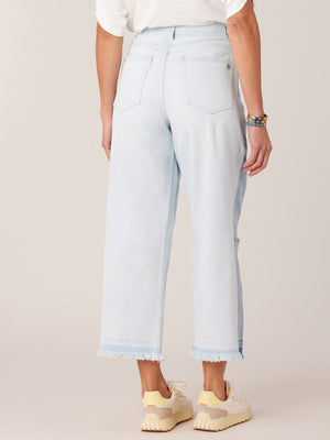 Powder Blue Absolution Skyrise Relaxed Straight Leg Side Panel Crop Release Fray Hem Two Tone Jean