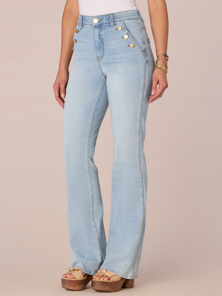 Powder Blue Artisanal Absolution Skyrise Sailor Button Double Side Seam Itty Bitty More Bootcut Jean