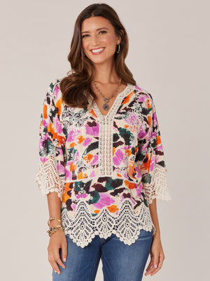 Three Quarter Sleeve V-Notch Neck Peplum Crochet Printed Woven Top 