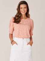 Peach Nectar Elbow Puff Ruched Sleeve Smock Armhole Shiny Animal Print Scoop Neck Knit Top