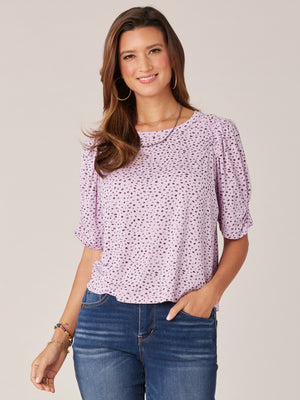 
            
                Load image into Gallery viewer, Orchid Bloom Elbow Puff Sleeve Smock Armhole Scoop Neck Metallic Printed Petite Knit Top
            
        