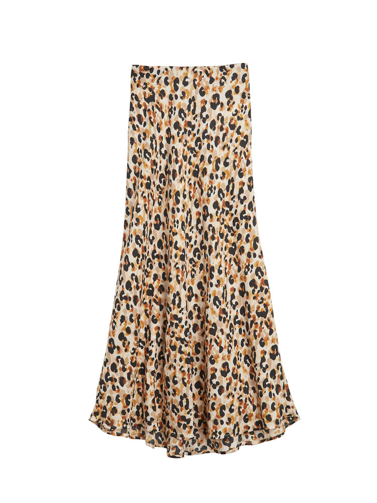 Peach Black Leopard Print Jacquard Woven Bias Skirt