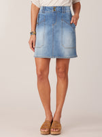 Blue Denim Absolution High Rise Double Button Tab Patch Pocket Skirt