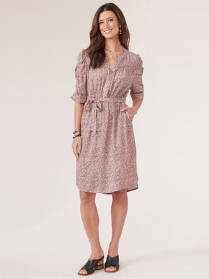 
            
                Load image into Gallery viewer, Below Elbow Ruched Sleeve Button Down Peanut Butter Multi Speckle Printed Tie Waist Dress
            
        