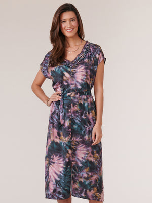 
            
                Load image into Gallery viewer, Blackberry Mauve Pink Multi Extended Short Sleeve V Neck Tie Waist Woven Sheath Dress
            
        