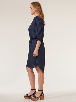 
            
                Load image into Gallery viewer, Navy Blue Below Elbow Bonnet Sleeve Button Down Woven Dress
            
        