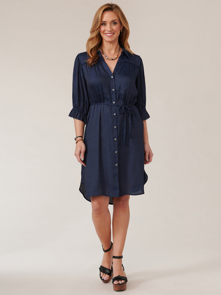 
            
                Load image into Gallery viewer, Navy Blue Below Elbow Bonnet Sleeve Button Down Woven Dress
            
        
