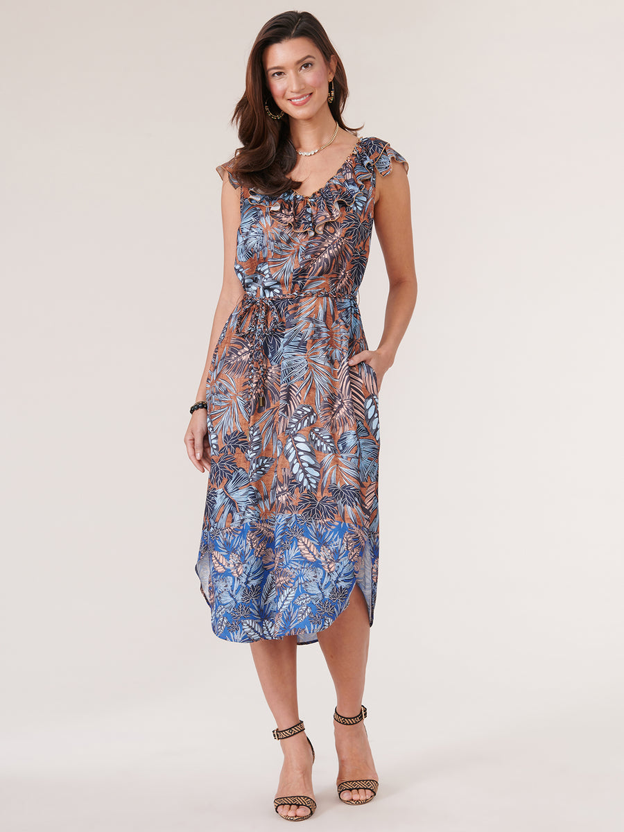 Double Ruffle V Neck Leaf Print Woven Tank Dress– Democracy Clothing