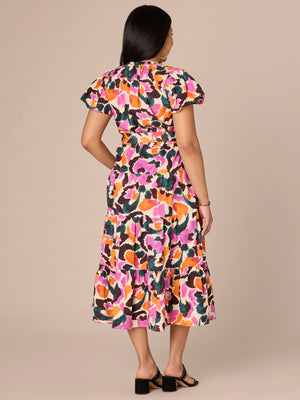 Deep Pine Nectarine Multi Short Puff Sleeve Half Placket Abstract Print Ruffle V-Neck Three Tiered Skirt Self Tie Woven Dress