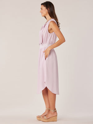 Smokey Lavender Sleeveless Embroidered Smocked Waist Ruched Casing Notch Tie Neck High Side Hem Woven Lyocell Dress