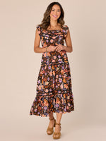 Black Coral Multi Rouble Ruffle Cap Sleeve Square Neck Smock Waist Tiered Ruffle Skirt Printed Woven Dress