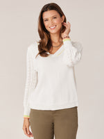 White Autumn Sunset Three Quarter Sleeve Stripe Detailing Deep V-Neck Woven Sweater Top