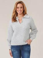 Heather Grey Long Blouson Sleeve Johnny Collar Cascading Fringe Sweater