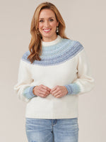 Blue Multi Long Banded Blouson Sleeve Ombre Placement Pointelle Stitch Sweater 