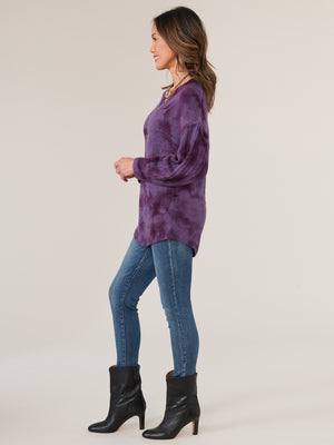 Concord Grape Long Blouson Drop Shoulder Banded Sleeve V-Neck Tie Dye Sweater