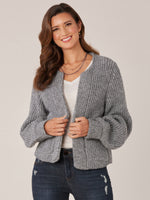 HeatherCharcoal Black Long Blouson Banded Sleeve Collarless Open Front Patch Pocket Sweater Cardigan