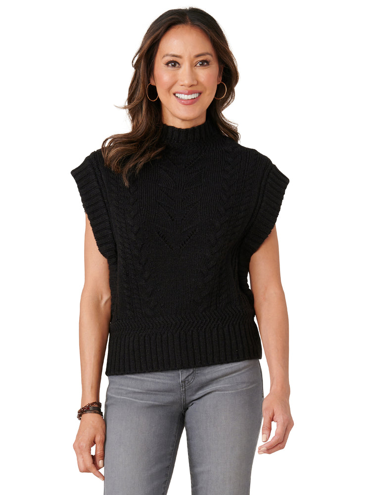 Black Sleeveless Extended Shoulder Placement Cable Stitch Mock Neck Sweater Vest