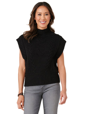 Sleeveless Extended Shoulder Mock Neck Cable Stitch Sweater Vest