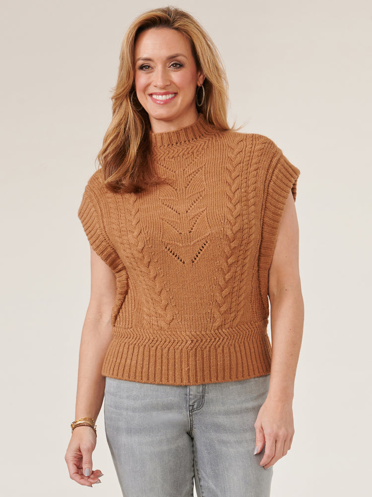 Nutmeg Sleeveless Extended Shoulder Placement Cable Stitch Mock Neck Sweater Vest