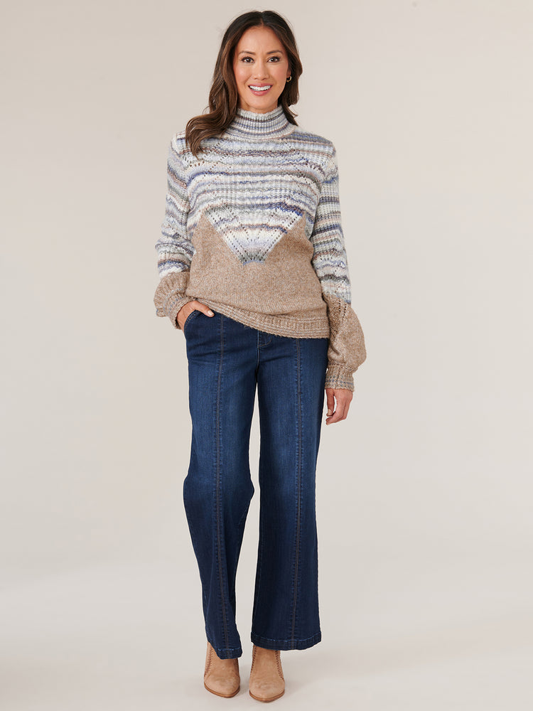 Mocha Blue Spruce Multi Long Blouson Cuff Band Sleeve Placement Cable Stitch High Mock Neck Striped Petite Sweater