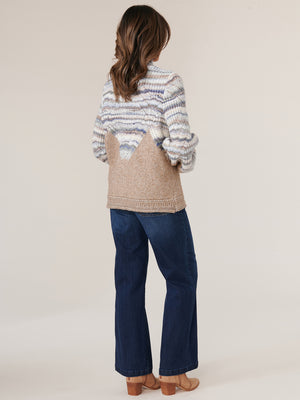 Mocha Blue Spruce Multi Long Blouson Cuff Band Sleeve Placement Cable Stitch High Mock Neck Striped Sweater