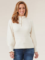 French Vanilla Long Blouson Smocked Sleeve Half Zip Mock Neck Sweater 