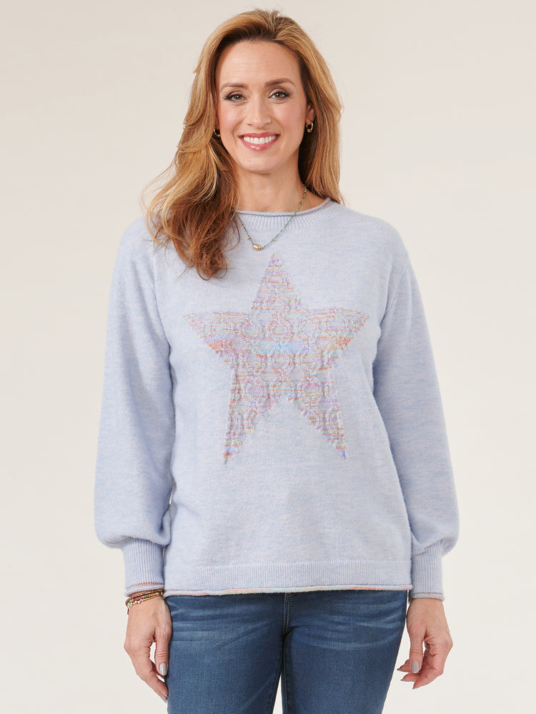 Iris Field Long Blouson Sleeve High Round Neck Space Dye Star Petite Sweater 