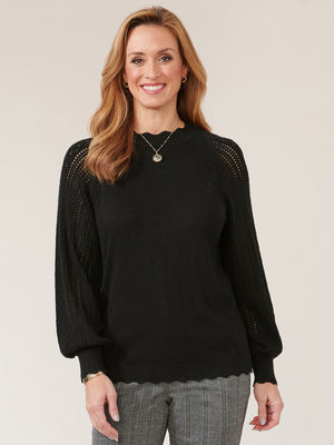 
            
                Load image into Gallery viewer, Black Blouson Sleeve High Ruffle Neck Pointelle Mix Sweater 
            
        