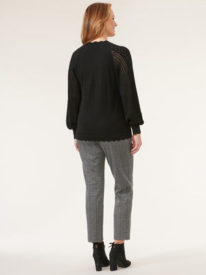 
            
                Load image into Gallery viewer, Black Blouson Sleeve High Ruffle Neck Pointelle Mix Sweater 
            
        