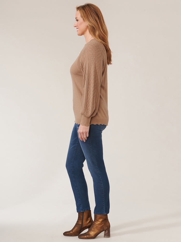 Long Blouson Sleeve Mock Neck Flange Shoulder Pointelle Sweater– Democracy  Clothing