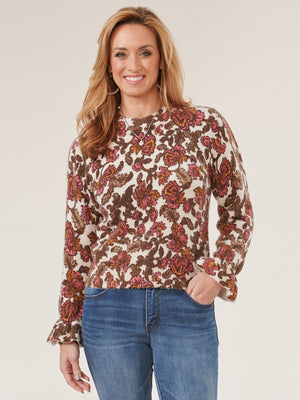 Heather Oatmeal Red Multi Floral Print Long Flounce Sleeve High Round Neck Sweater