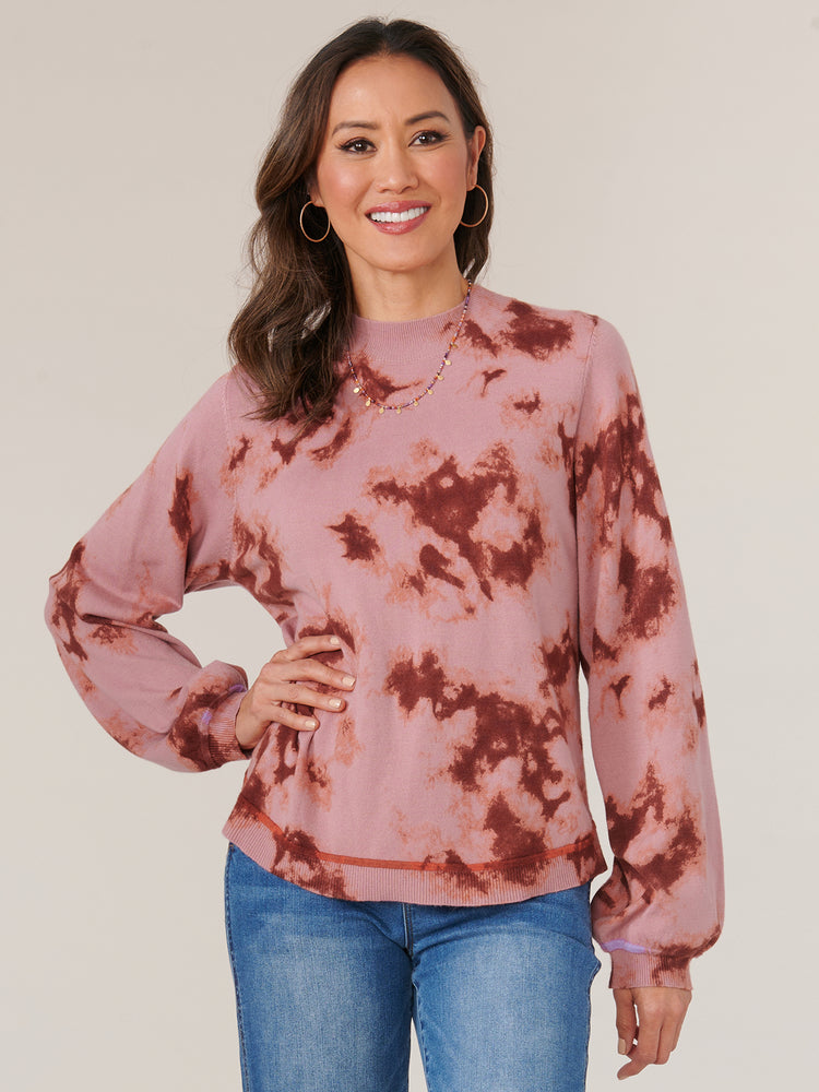 
            
                Load image into Gallery viewer, Blush Mauve Roasted Pecan Long Blouson Sleeve Mock Neck Side Overlap Rounded Hem Printed Petite Sweater
            
        