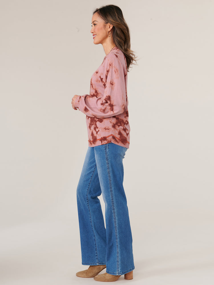 Blush Mauve Roasted Pecan Long Blouson Sleeve Mock Neck Side Overlap Banded Round Hem Printed Sweater