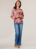 Blush Mauve Roasted Pecan Long Blouson Sleeve Mock Neck Side Overlap Rounded Hem Printed Petite Sweater