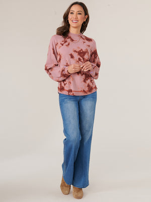 Blush Mauve Roasted Pecan Long Blouson Sleeve Mock Neck Side Overlap Banded Round Hem Printed Sweater