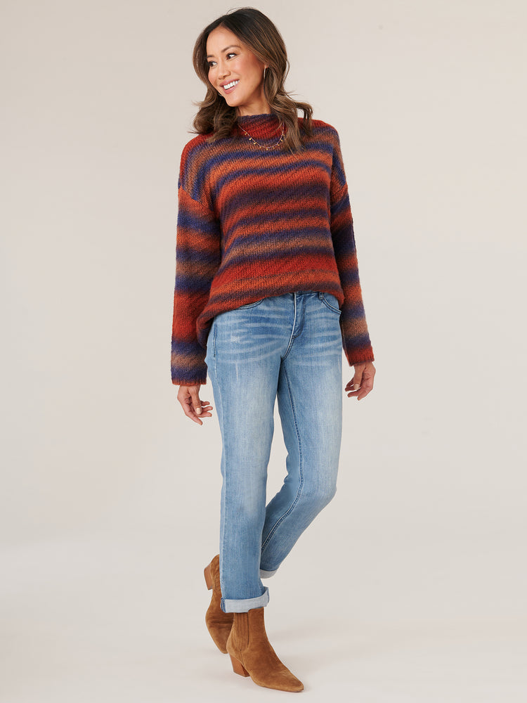 Ginger Spice Blue Multi Long Blouson Sleeve Funnel Neck Stripe Sweater