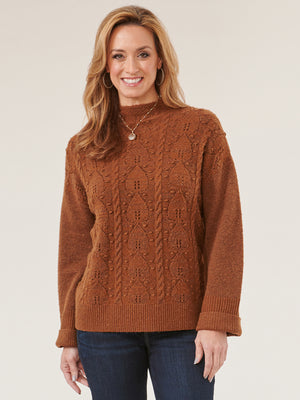Nutmeg Long Roll Cuff Sleeve Cable Popcorn Stitch Front Funnel Neck Sweater