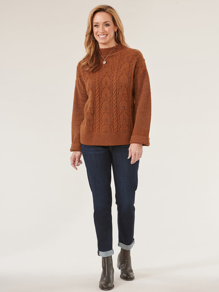 Nutmeg Long Roll Cuff Sleeve Cable Popcorn Stitch Front Funnel Neck Sweater