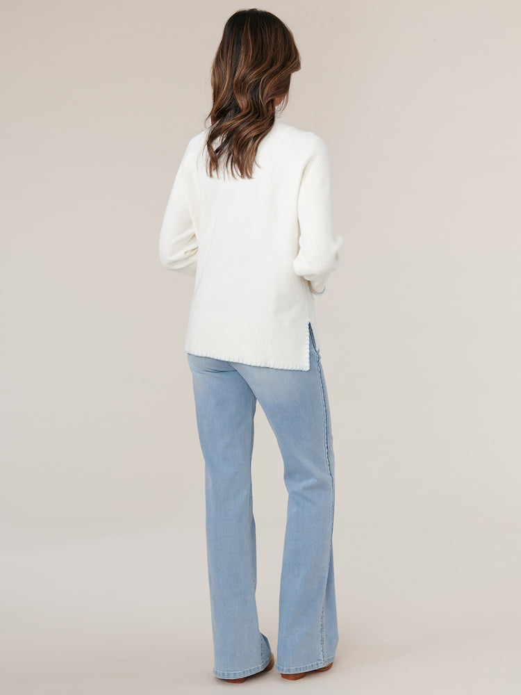 Off White Powder Blue Long Ribbed Sleeve High Round Neck Cable Stitch Front Sweater with Blanket Stitch Detail