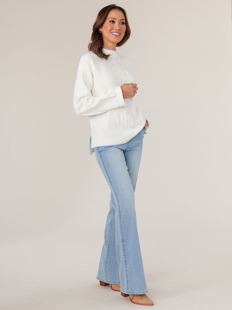 Off White Powder Blue Long Ribbed Sleeve High Round Neck Cable Stitch Front Sweater with Blanket Stitch Detail