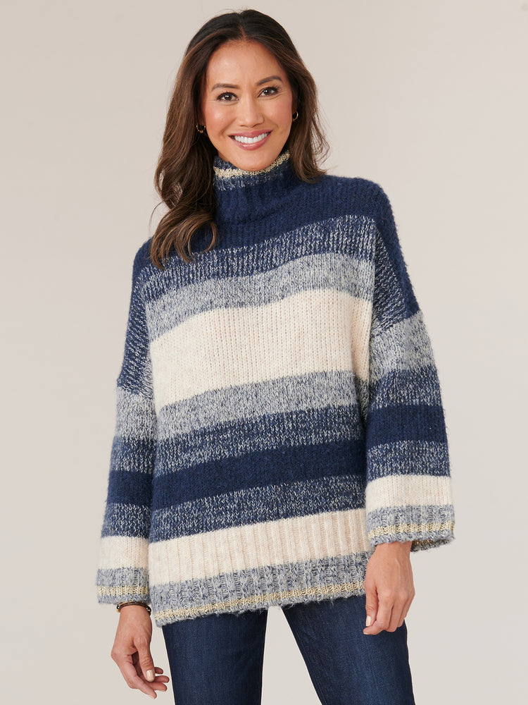 Navy Ombre Multi Long Drop Shoulder Sleeve Turtle Neck Ombre Stripe Metallic Tipping Sweater
