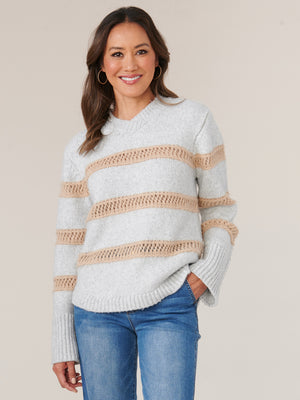 Heather Grey Natural Long Raglan Sleeve High Overlap V-Neck Novelty Stitch Stripe Sweater