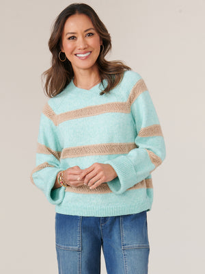 
            
                Load image into Gallery viewer, Teal Lagoon Natural Long Raglan Sleeve High Overlap V-Neck Novelty Stitch Stripe Sweater
            
        